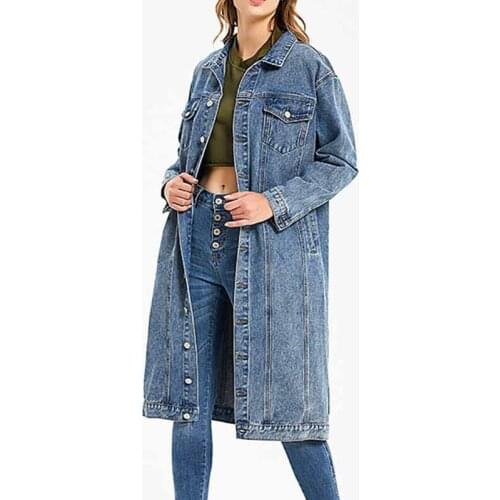 Oversize Women Denim Trench Coat Autumn Winter Long Sleeve Single-breasted Thicken X-long Loose Jeans Outwear Casual Tops KW403