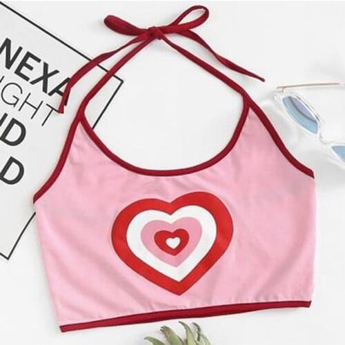 Sexy Heart Print Crop Tops For Women Halter Fitness Tight Bustier Strappy Skinny T-Shirt Girl Dance Cropped Tops Vest Tank Tops