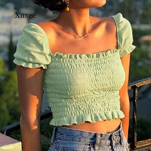 Summer Sexy Stretch Chest Wrap Crop Top Square Collar Women t Shirt Short Sleeve Ruffle Solid Lady Slim Sweet Streetwear Clothes