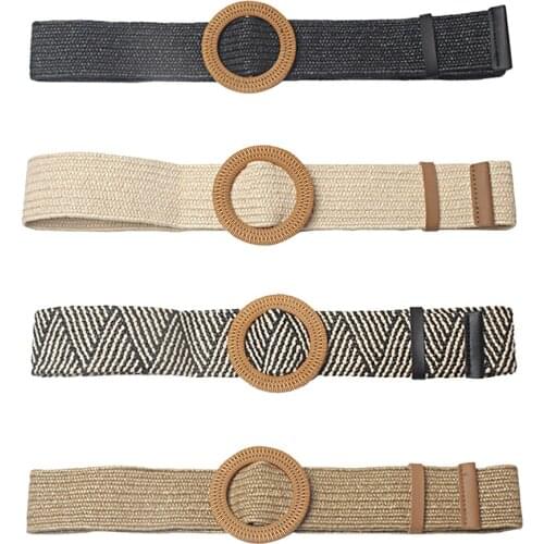 Vintage Braided Straw Waistband Causal with Round Wooden Buckle Dress Belts