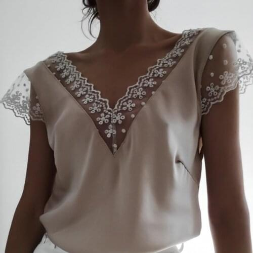 2021 New Fashion Women Clothing Street Trendy Solid Color Hollow Lace Wave Deep V T-Shirts With Short Sleeve Tops For Female