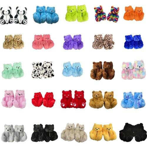 Women Teddy Bear Plush Slippers Cartoon Cute Bear House Slipper Winter Warm Furry Faux Fur Slides Woman Furry Flip Flop Shoes