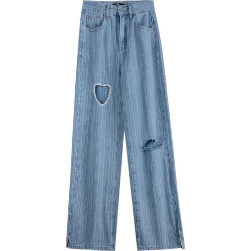 Women Chic Fashion Pearl Ripped Hole Wide Leg Jeans Vintage High Waist Zipper Fly Denim Pants Female Stright Trousers