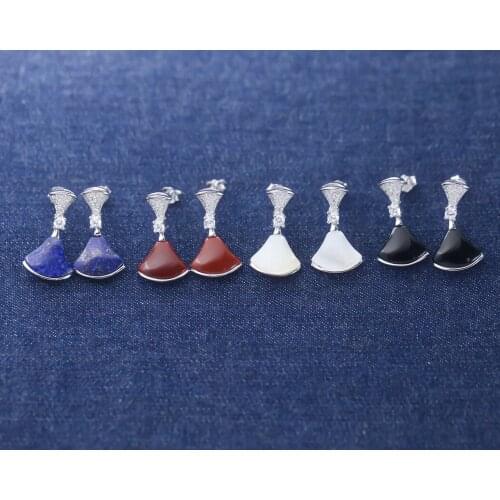 SLJELY Luxury Pure 925 Sterling Silver White Black Red Blue Fan Shaped Earrings Women Fashion Fine Wedding Party Jewelry Gift