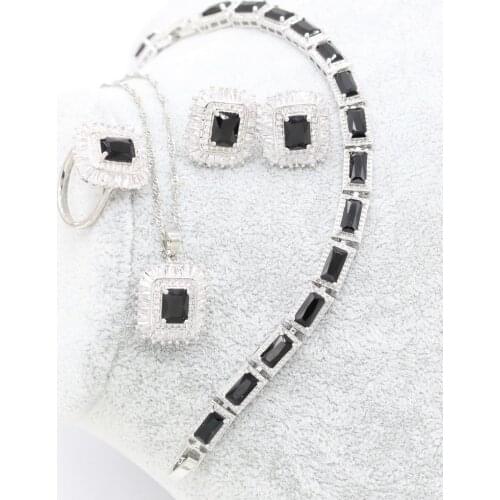 XUTAAYI Square Black Gem Silver Wedding Jewelry Sets Earrings For Women Luxury Jewelry Bracelet Rings Bridal Pendant Necklace