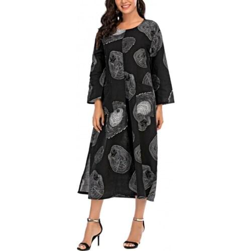 Maxi Dress Women Round Neck Long Sleeve Ethnic Print Single-breasted Loose Skin-friendly Summer Streetwear vetement femme