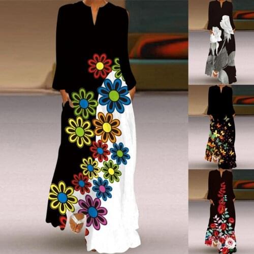 Women Stylish Butterflies Print Large Hem Dress Temperament Autumn Dress Butterflies Print for Beach