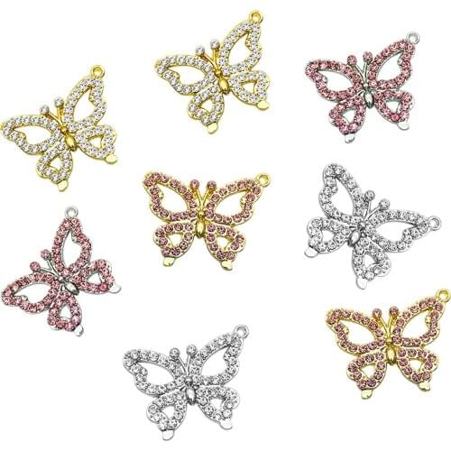 2Pcs Shiny Crystal Rhinestone Hollow Butterfly Charms Gold Silver Color Metal Insect Jewelry Charm For DIY Necklace Accessories