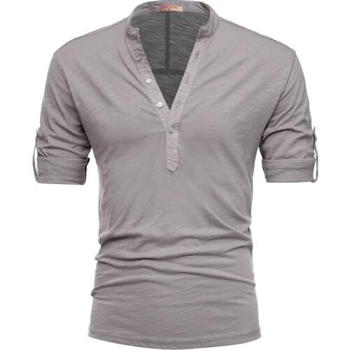 2021 New Summer Stand Collar T-Shirt Men Solid Color Cotton Middle Sleeve Mens T Shirts Quality Casual Tees Shirt Male Tops