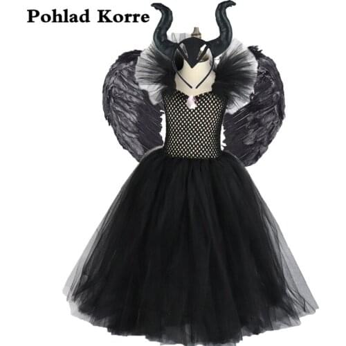 3pcs Fancy Black Evil Queen Witch Girls Tutu Dress With Horns Wings Cosplay Kids Halloween Costume Girls Party Dresses Vestidos