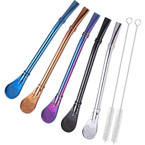 5pcs stainless steel filter straw spoon tableware milk stirring spoon gold-plated coffee spoon beverage straw tea spoon