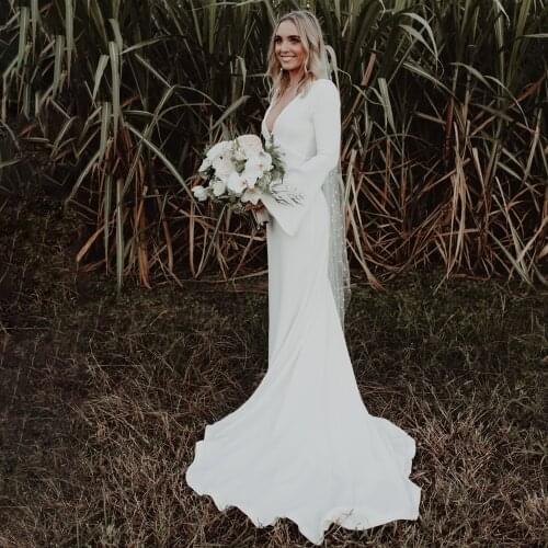 Deep V Neck Long Flare Sleeves Satin Micro Wedding Dress Simple Custom Made Backless Plus Size Mermaid Soft Garden Bridal Gown