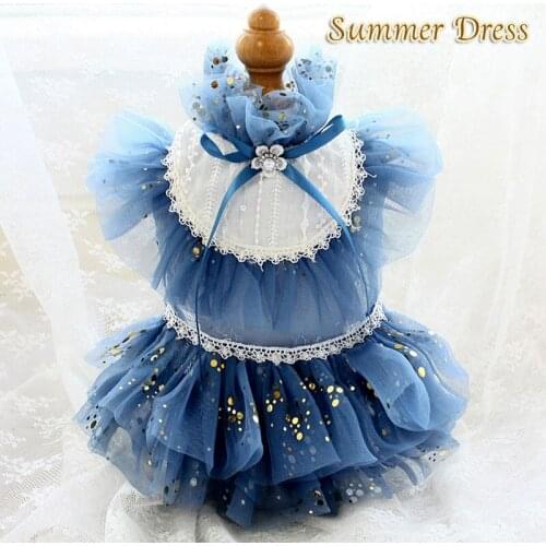 Free Shipping Handmade Dog Clothes Dog Dress Blue Tulle Gold Dots Lace Sexy Skirt Tutu Pet Cats Outfit Poodle Maltese Yorkie