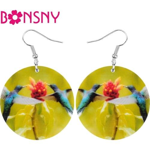 Bonsny Acrylic Round Hummingbird Earrings Flower Big Bird Animal Dangle Drop Jewelry For Women Girls Kids Novelty Gift Accessory