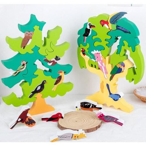 Children Wooden Stacking Toys Kids DIY Bird Tree Puzzle Montessori Educational Toy Bird Recognition Shape Matching Assembled Toy