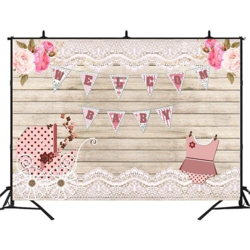Rustic Welcome Baby Backdrop Background Girl Birthday Party Dessert Candy Cake Table Decor Floral Baby Shower Banner Photo Booth