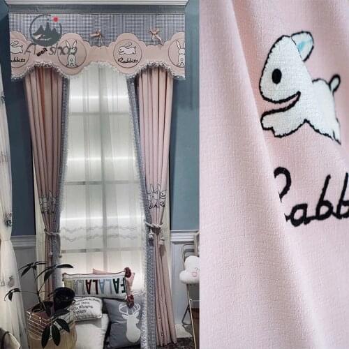 Cotton Linen Luminous Embroidery Pink Rabbit Girl Childrens Room Custom Home Decoration Curtains for Living Dining Room Bedroom