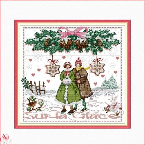 Joy Sunday Skating Couple Cross Stitch Kit DIY Pattern 14CT 11CT Embroidery Set DMC Needlework Home Decoration Craft Painting