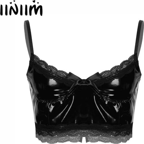 Iiniim Mens Gothic Patent Leather Crop Top Summer Punk Sissy Lace Trim Bowknot Sleeveless Vest Tops for Rock Concert Clubwear