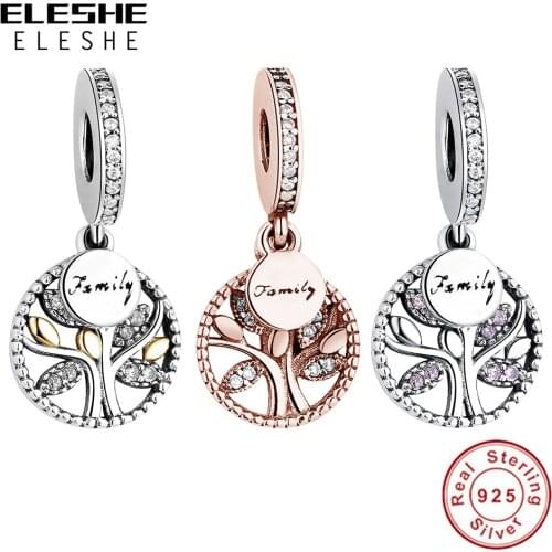 ELESHE 925 Sterling Silver Family Tree of Life Pendant Charm Crystal Beads Fit Original Charm Bracelet Silver 925 Jewelry Making