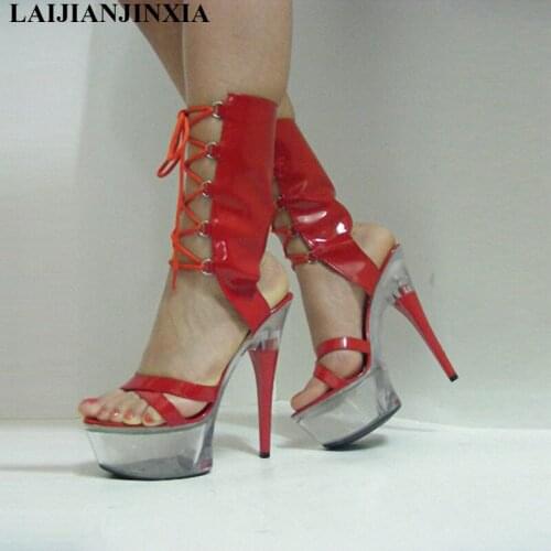 LAIJIANJINXIA Red New Sexy 15cm Thin High-Heels Platform Shoes Night Club Pole Dancing Shoes Open Toe Ankle Boots