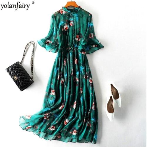 100% Real Silk Summer Dress Vintage Elegant Floral Dresses Women Green Long Dress Slim Two-Peice Set Vestidos 98006 Pph196