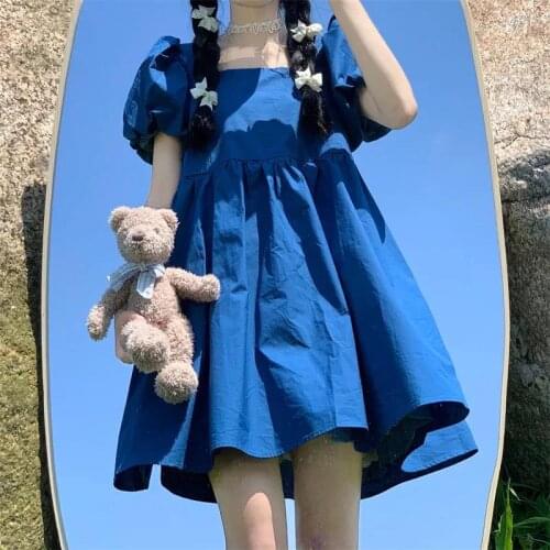 Japanese College Style Sweet Dress Soft Girl Kawaii 2021 Summer New Square Collar Puff Sleeve Dress Retro Solid Color Loli Dress