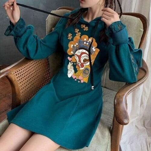 Sweet Girl Autumn/Winter Chinese Vintage Courtly Style Hoodie Dress Peking Opera Pattern Cartoon Kawaii Girl Offiec Lady Dress
