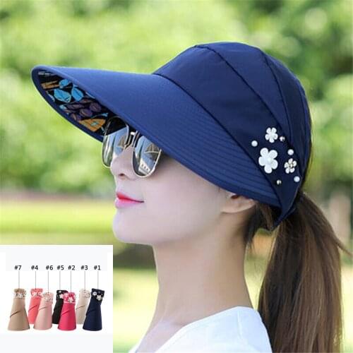 2020 Summer Hat women beach Sun Hats pearl packable sun visor hat with big heads wide brim UV protection female cap