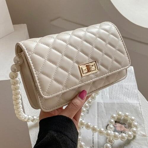 Fashion Pearl Chain Designer Small Square Bags High Quality PU Leather Casual Messenger Bag Womens Solid Color Shoulder Bags