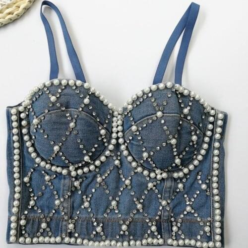 Sexy Denim Crop Tops Pearl Diamond Camisole Women’s Nightclub Party Vest Tube Top Underwired Bra Stage Performance Clothing