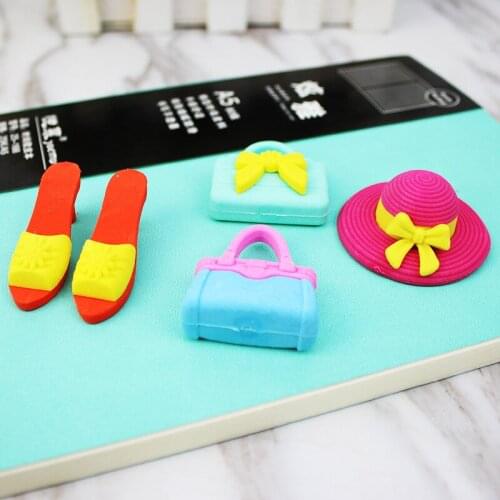 Creative Cartoon Sun Hat High Heels Handbag Eraser,Girls Series Pencil Eraser Stationery Set,1 Set of 5 Erasers School Supplies