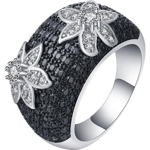 Vintage Women Black Ring Fashion Jewelry Flower Rhinestones Ring For Women Accessories Anniversary Engagement Party Rings