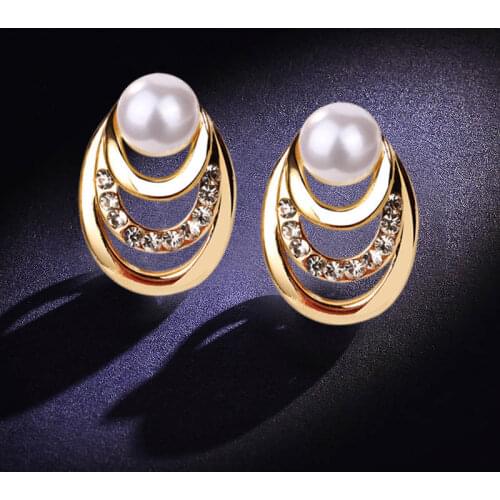 Korean Design Crystal Imitation Pearl Stud Earrings For Women Elegant Multi-layer Circles Gold Color Oorbellen Fashion Jewelry