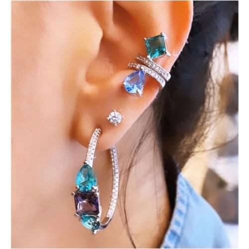 1 Piece White Green Blue Red CZ Colorful Waterdrop Brithstone No Piercing Women Circle Ear Cuff Multi Piercing Clip On Earrings