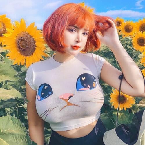2021 Summer Slim Cat print Short Top Sexy Women T-shirt Short sleeve Tops Solid flexible Crop Vest Tops t-shirt female Wholesale