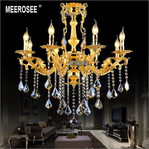Gold Crystal Chandelier Lighting Fixture 8 Arms Classic Metal Chandelier Crystal Lustre Hanging Lamp for Foyer MD8676 L8