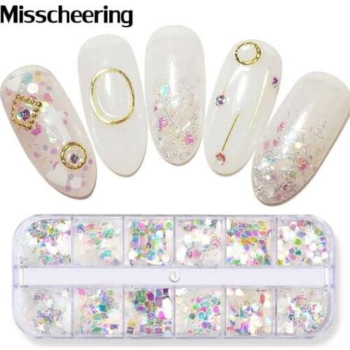 12 Grids Mermaid Sequins 3D Sparkly Nail Art Glitters Transparent Aurora Flakes Holographic Paillette Charm Manicure Decorations