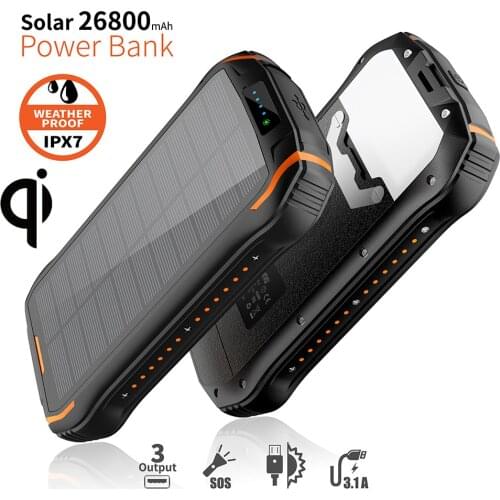 26800mAh Solar Power Bank 10W Fast Qi Wireless Charger For iPhone 12 Xiaomi Samsung Fast Charging Powerbank USB Type C Poverbank