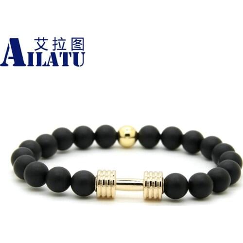 Ailatu Wholesale New Metal Barbell & 8 mm Matte Onyx Stone Beads Fitness Fashion Dumbbell Bracelets