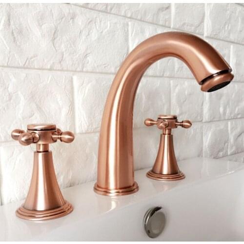 Antique Red Copper Double Cross Handle Deck-Mount 3 Hole Widespread Bathroom Lavatory Bathtub Basin Faucet Sink Mixer Tap drg038