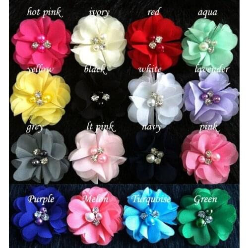 Free shipping, 2" new chiffon flower with pearl & rhinestone for hair band, handmade flower 28 Color