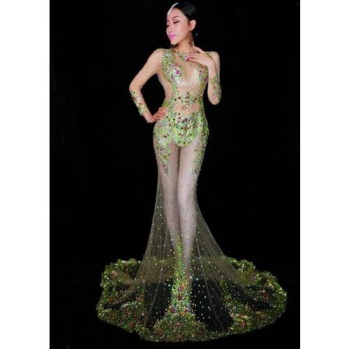 Sparkly Colorful Crystals Perspective Long Dress Women Luxurious Big Dress Evening Costume Performance Party Celebrate Dresses