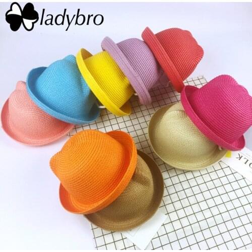 Ladybro Brand Cute Girls Sun Hat Summer Beach Hat Boy Child Casual Kids Cat Ear Straw Hat Children Fedora Travel Cap