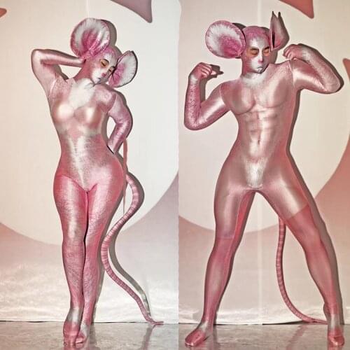 Stretch Jumpsuit women nightclub men mouse Halloween Costumes with tail Cosplay Party Role Play Dance Performance Stage Outfit