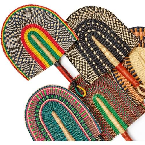 Handmade natural grass weave decorative fan leather handle Mandala home art background wall decoration fan practical hand fan