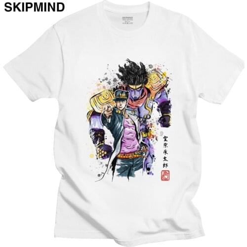 Cool Jojo Bizarre Adventure T Shirt for Men Short Sleeved Jotaro Kujo Manga Graphic Tshirt 100% Cotton Regular Fit Casual Tee
