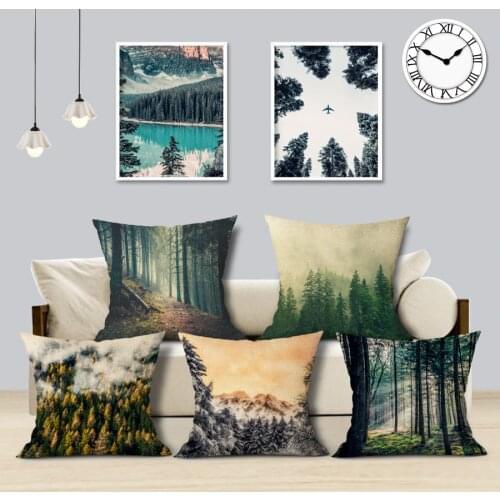 Tree Wood Mountain Clouds Winter Moonlight Cushion Cover Linen Cotton Pillow Case Square Sofa Decor Home Textile Product Custom