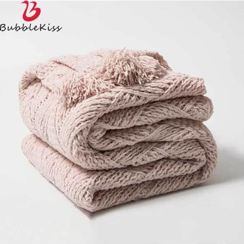 Bubble Kiss New Pure Color Tassel Cover Blanket Nordic Knitted Thread Blanket For Beds Adults Shawl Air Conditioning Blanket