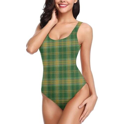 New High Cut Swimwear One-Piece Sexy Athletic Swimsuits Teen Girls Youth Scottish Tartan Plaid Patterns Burlap